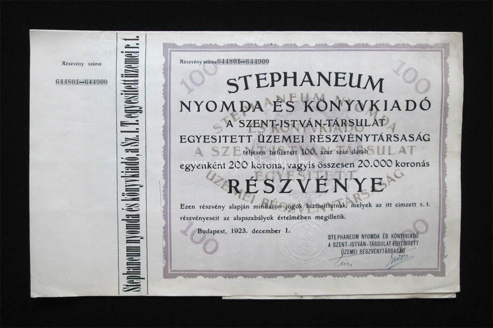 Stephaneum Nyomda - Szent Istvn Trsulat rszvny 100x200 korona 1923